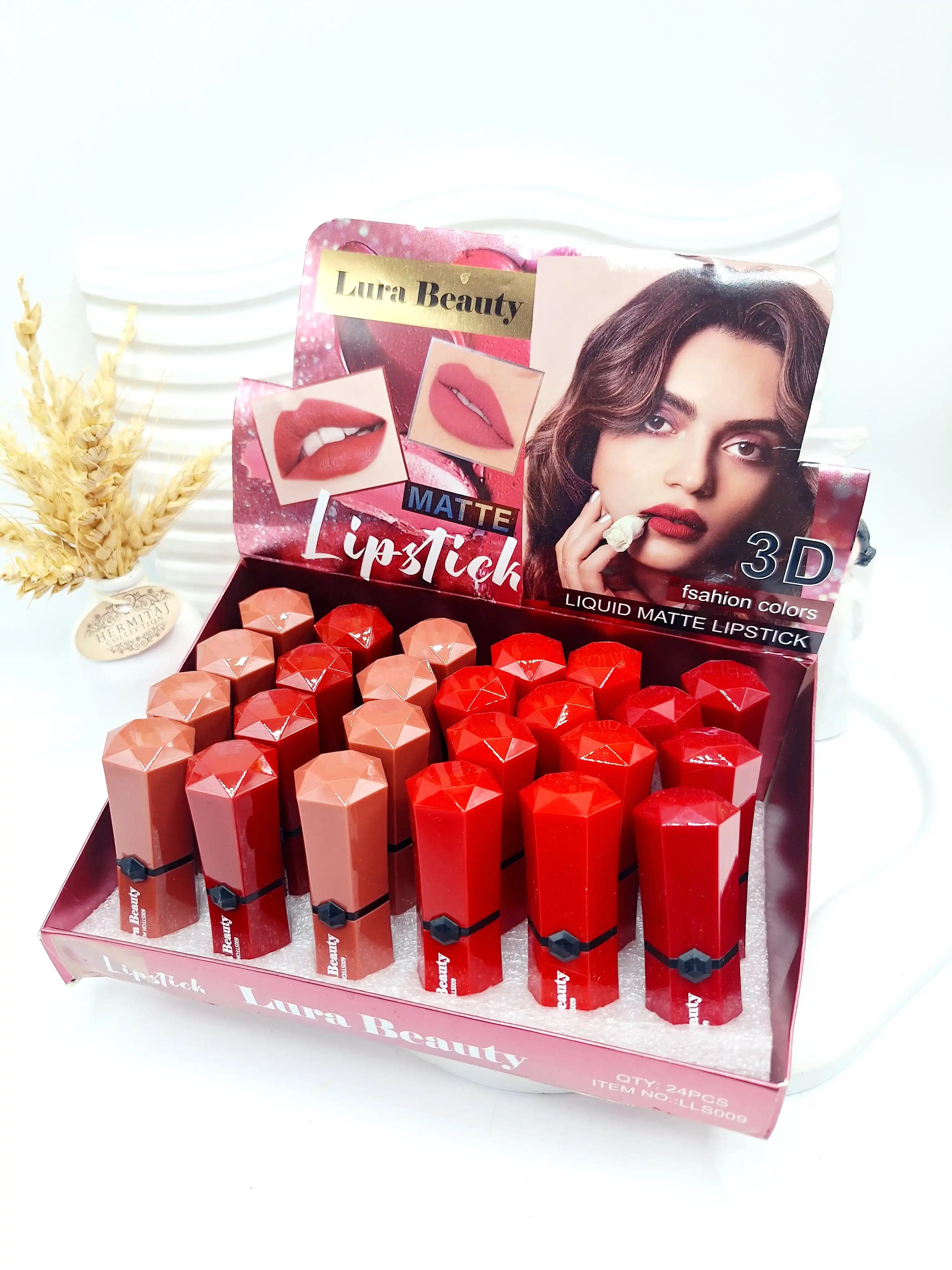 رژ 6 تایی جامد خوش رنگ و مخملی برند Lura Beauty کد 009